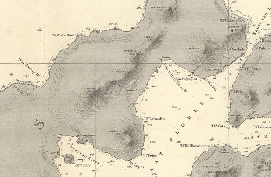 Description: the coastline and mountains of Demon Pagong marked on a 1911 hydrographical chart