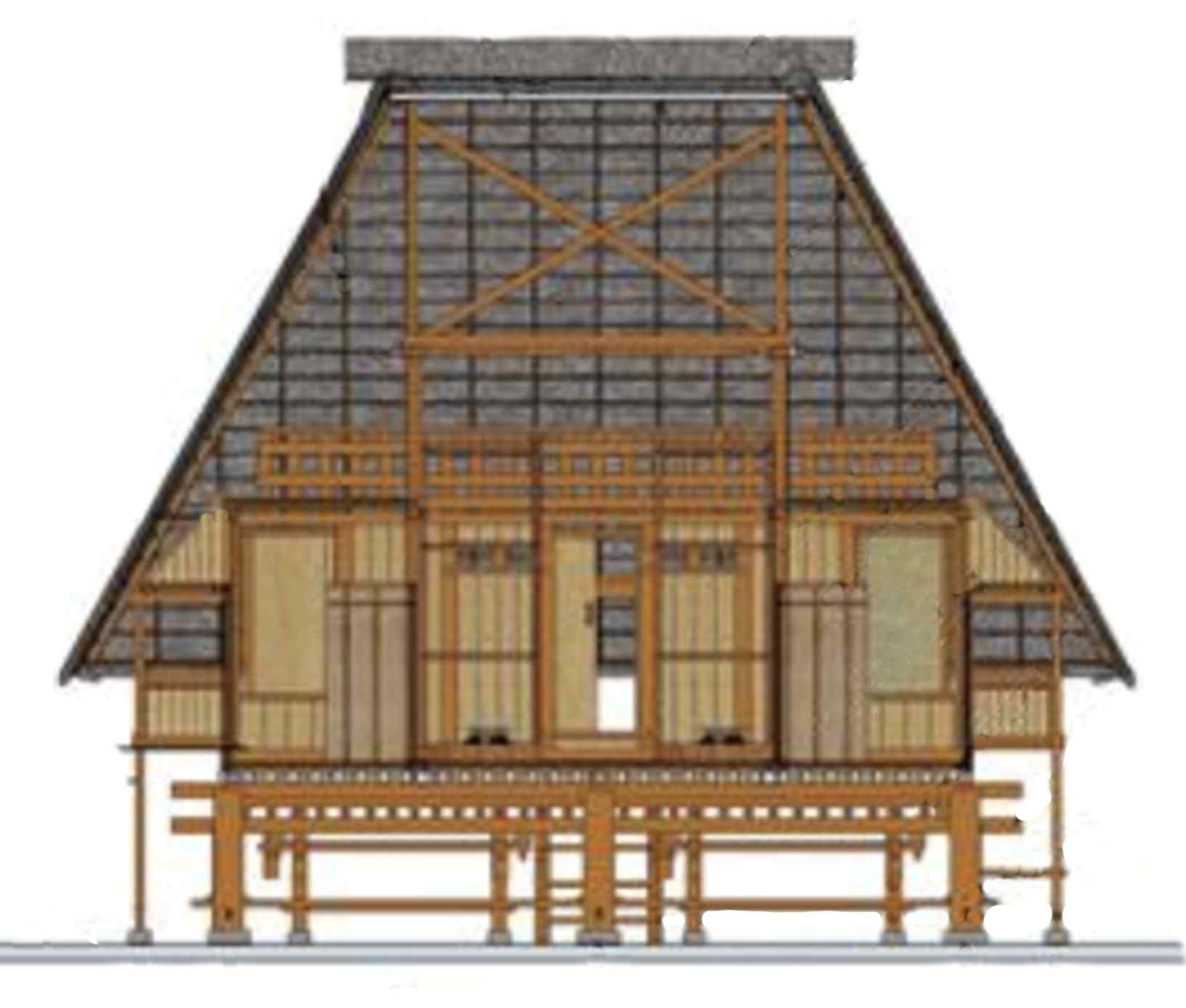Description: The timber frame structure of a sa'o nggua