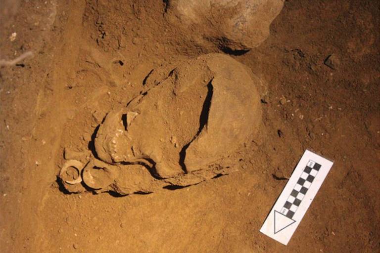 Description: Circular shell fishhooks beside an adult female skull at Tron Bon Lei, Lerabaing