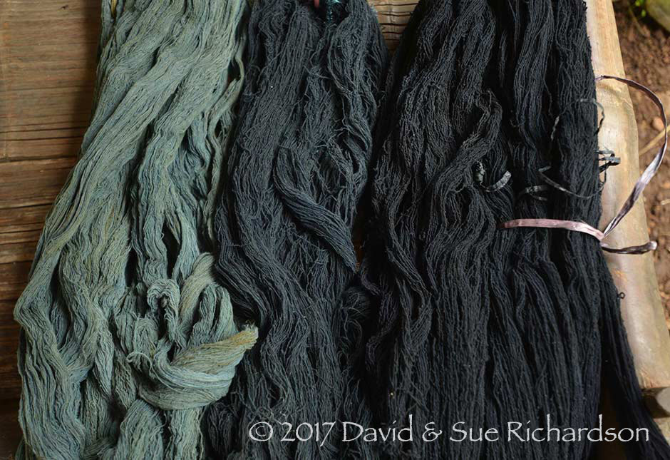 Description: Hanks of hand-spun cotton repaetedly dyed with indigo 10, 20 and 29 times