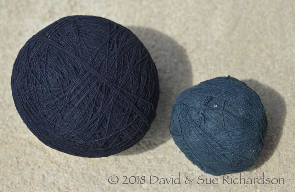 Description: Balls of dark and light indigo dyed commercial cotton