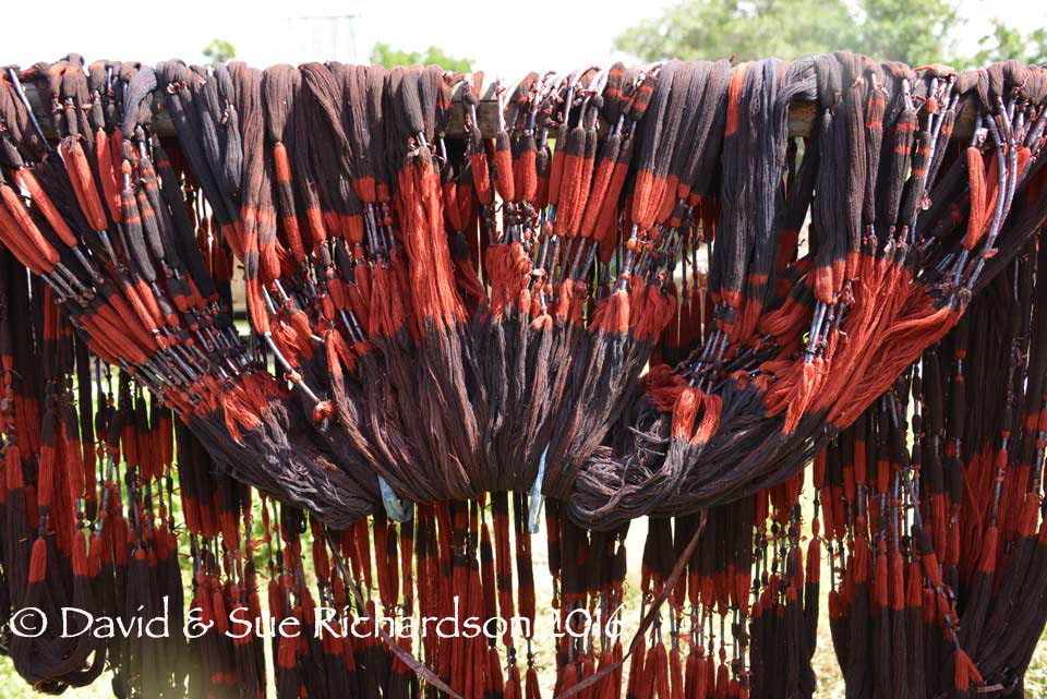 Description: Indigo and morinda-dyed yarns drying at Kaliuda