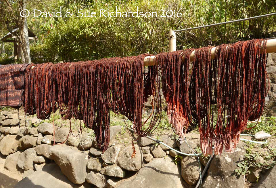 Description: Bound morinda-dyed skeins drying in the sun at the hamlet of Onelako