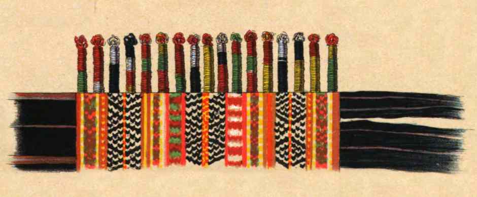 Description: Detail of the multi-coloured end band on an indigo selendang