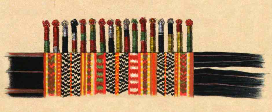 Description: Detail of the multi-coloured end band on an indigo selendang